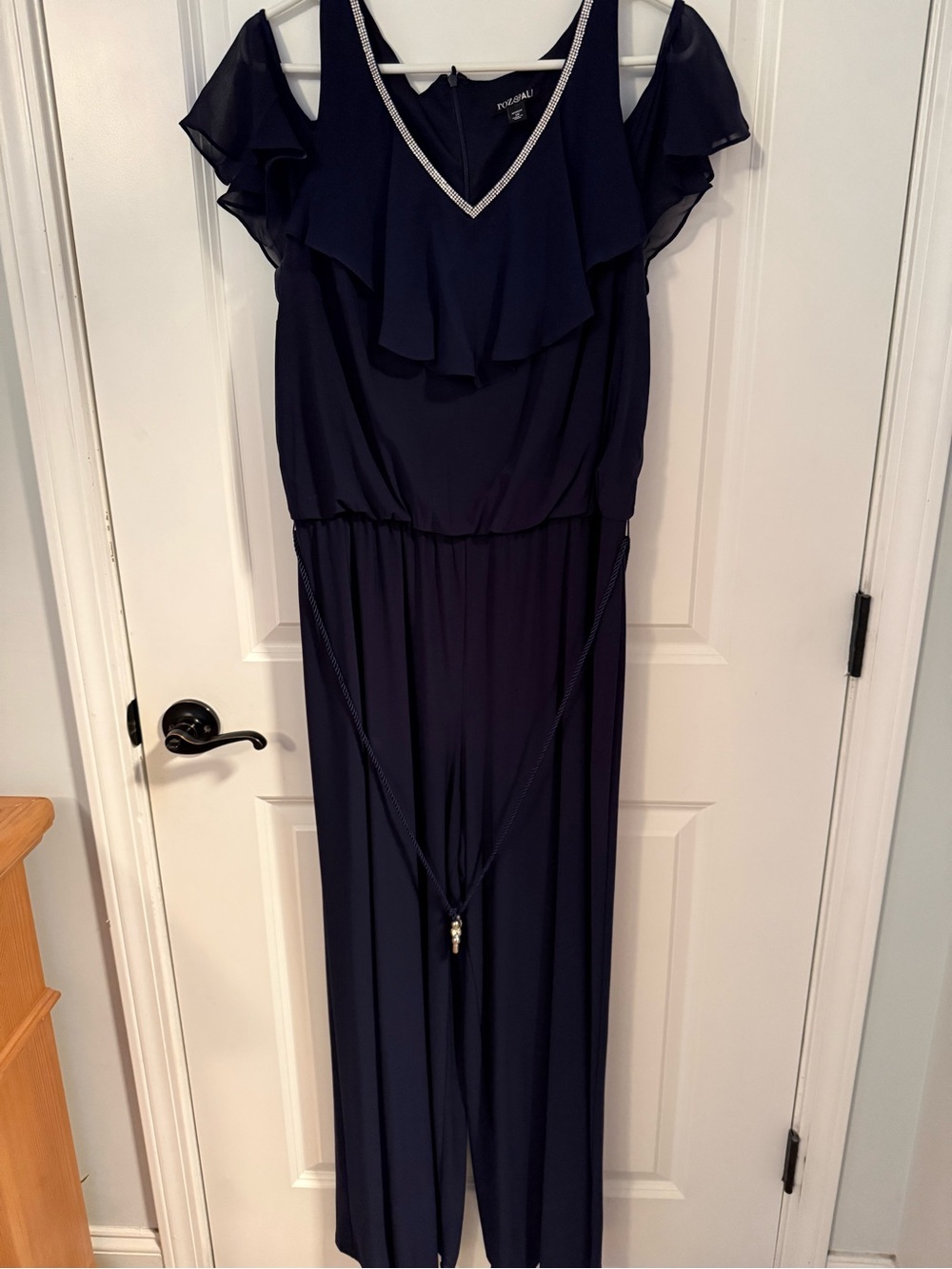 Roz & Ali Navy Cold-Shoulder Ruffle Jumpsuit with V-Neck Embellished Trim